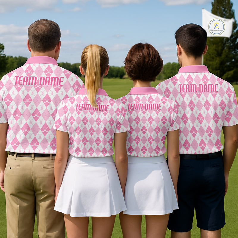 Mens Golf Polo Shirt Custom White And Pink Argyle Plaid Pattern Golf Team Attire Golf Gifts NYN4293
