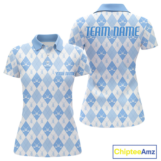 Womens Golf Polo Shirt Custom White And Blue Argyle Plaid Pattern Golf Team Attire Golf Gifts NYN4294