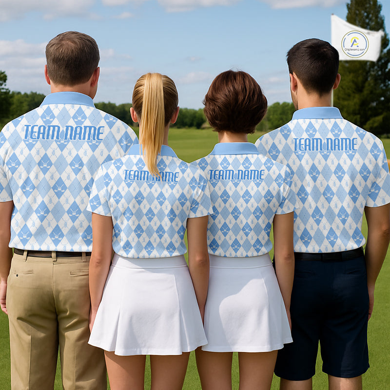 Mens Golf Polo Shirt Custom White And Blue Argyle Plaid Pattern Golf Team Attire Golf Gifts NYN4294