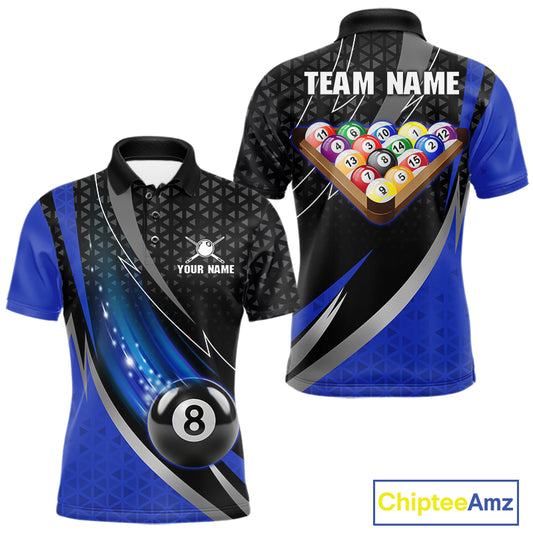 Blue & Black Geometric Pool Billiard Shirt For Men Custom Lightning 8 Ball Team Billiard Jersey NYN4302