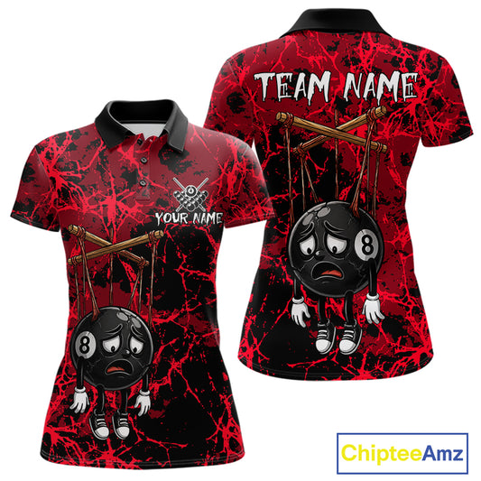 Custom 8 Ball Billiard Shirt, Halloween Women Billiards Team Jersey Red Grunge Pool Polo & Quarter-Zip NYN4306