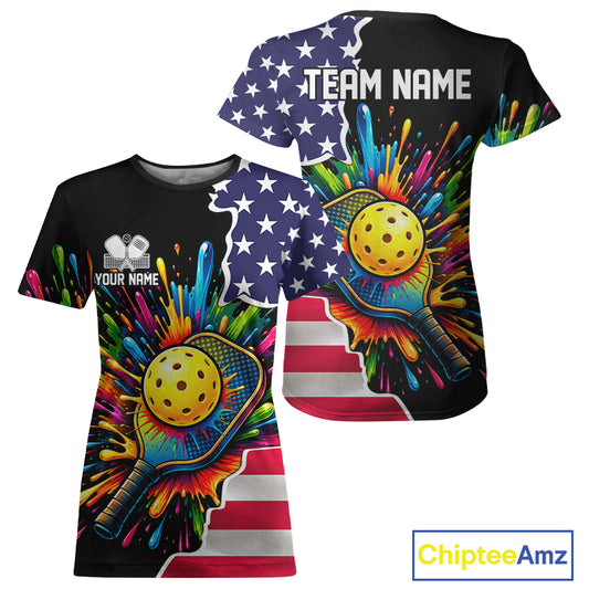 Custom American flag patriotic pickleball tshirt for women colorful splatter pickleball jersey black