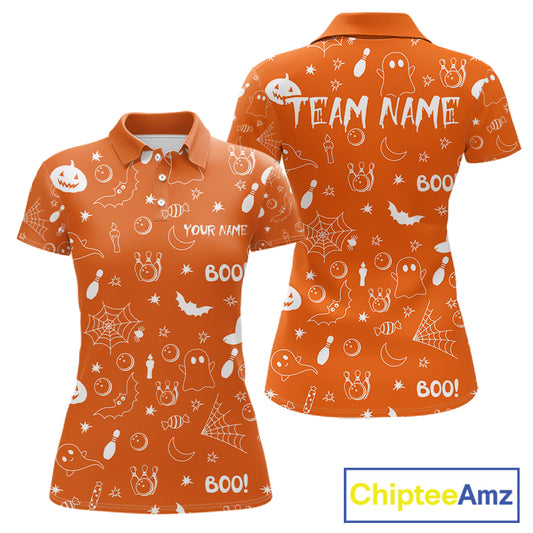 Halloween Bowling Jersey Custom Name Orange Bowling Shirt For Women Spooky Ghost Bat Bowling Team Gifts NYN4311