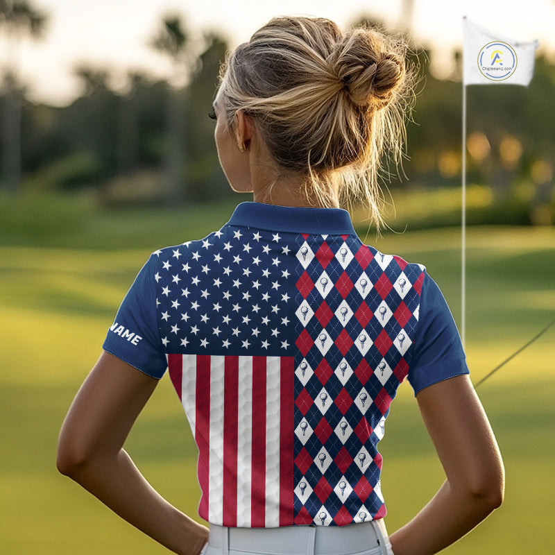 Womens Golf Polo Shirts American Flag Patriotic Custom Golf Ball Argyle Pattern Womens Golf Polos NYN3381