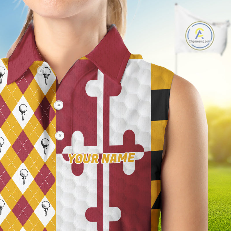 Womens Golf Sleeveless Polo Shirts Maryland Flag Patriotic Custom Golf Ball Argyle Womens Golf Polos NYN3382