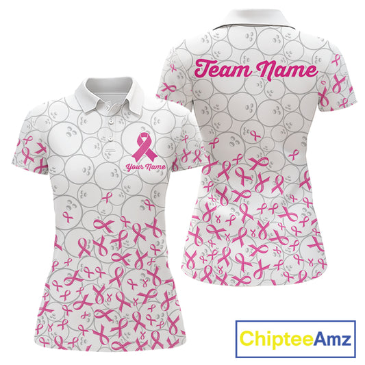 Custom Pink Ribbon Pattern White Camo Bowling Shirts For Women, Breast Cancer Team Bowling Shirts NYN4326