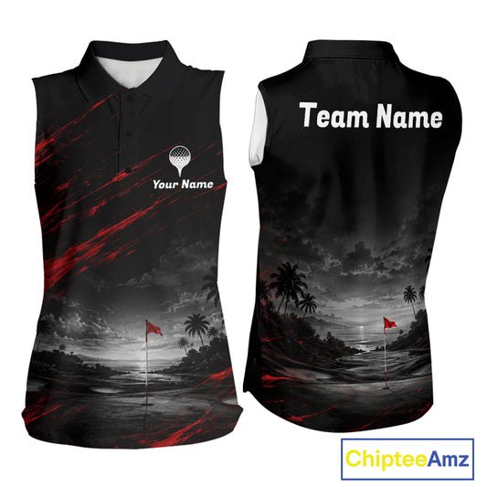 Personalized Golf Sleeveless Polo Shirts For Women, Custom Name Red Fire Flame Golf Course Shirt Golf Jersey NYN4332