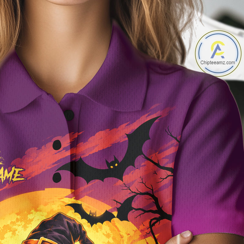 Halloween Black Cat Golf Polo Shirt For Women Custom Team Name Spooky Halloween Golf Apparel NYN4719