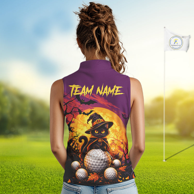 Halloween Black Cat Golf Sleeveless Polo Shirt For Women Custom Team Name Spooky Halloween Golf Apparel NYN4719