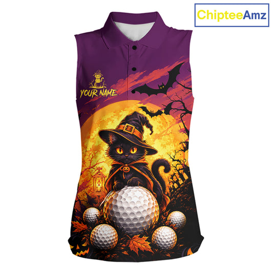 Halloween Black Cat Golf Sleeveless Polo Shirt For Women Custom Team Name Spooky Halloween Golf Apparel NYN4719