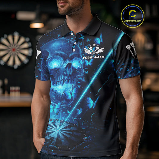 Lightning Blue Butterflies Skull Dartboard Custom Men Darts Polo Shirt Dart Jerseys NYN1848