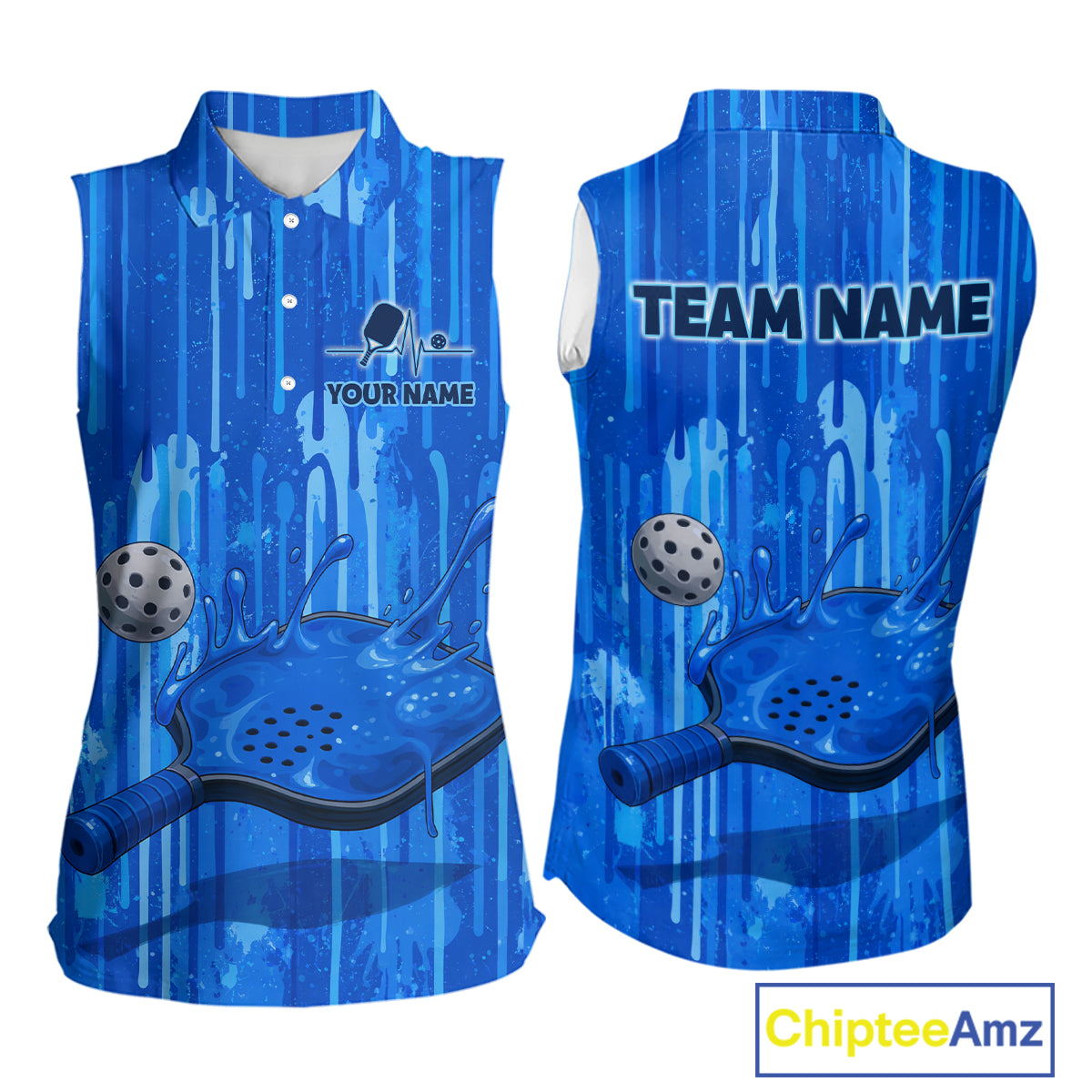 Custom Blue Dripping Pickleball Paddle & Ball Sleeveless Polo Jerseys Women Splashed Colorful Pickleball Shirt NYN2784