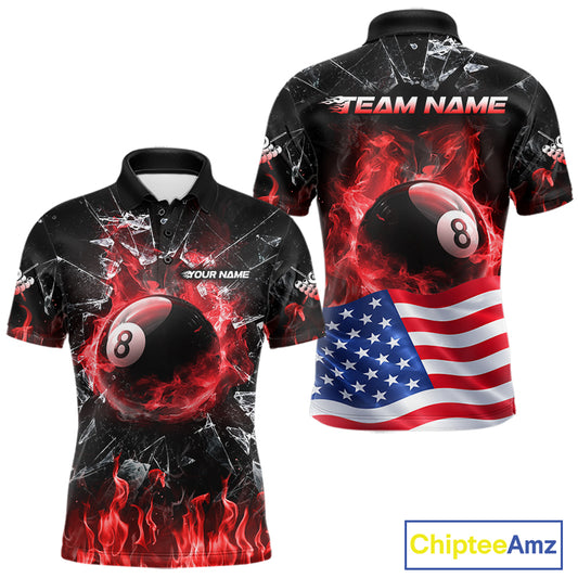 American Flag 8 Ball Pool Polo 1/4-Zip Shirt For Men Personalized Red Flames Billiard Team Apparel NYN4762
