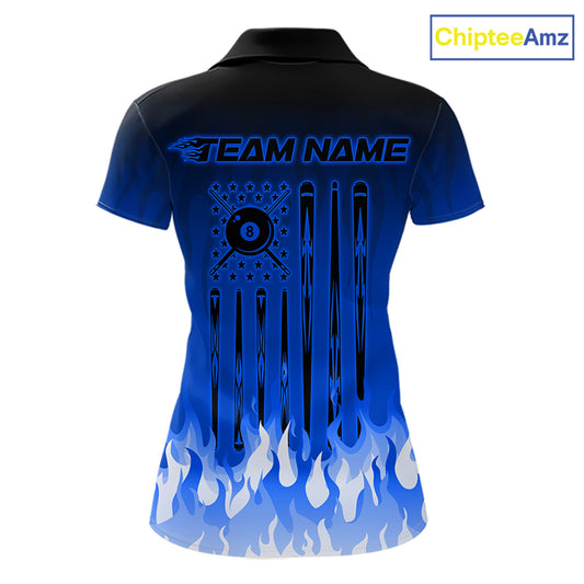 American Flag Patriotic Billiard Shirt For Women Custom Fire Flame 8 Ball Pool Team Jerseys | Blue NYN4049