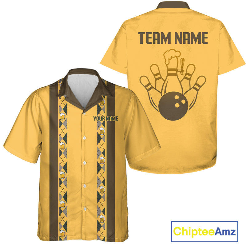 Custom Multi-Color Bowling Button Down Shirt Retro Beer & Bowling Pin Short Sleeve Hawaiian Jersey NYN4405