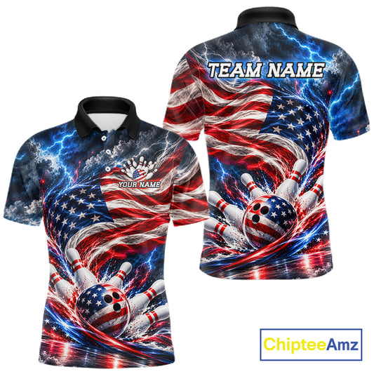 US Flag Bowling Polo 1/4-Zip Shirt For Men Custom Patriot Lightning Bowling Tournament Jersey NYN4812