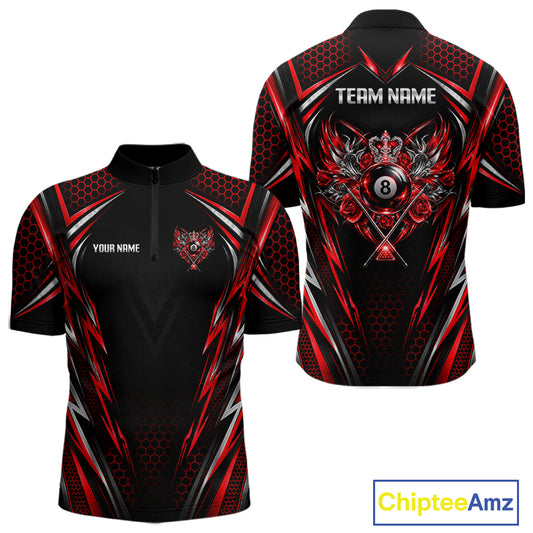 Custom Red & Silver 8 Ball Billiard Polo 1/4-Zip For Men Crown Roses Pool Billiard Shirt Jersey NYN4821