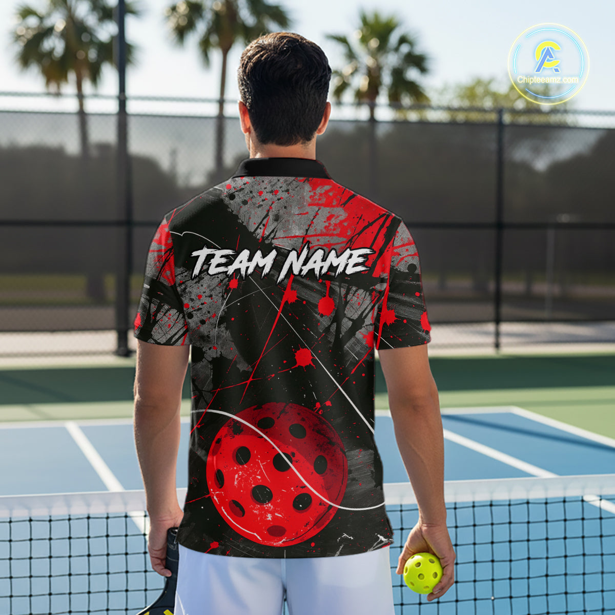 Custom Black Grunge Red Pickleball Ball T-Shirt For Men Splatter Pickleball Jerseys NYN2481