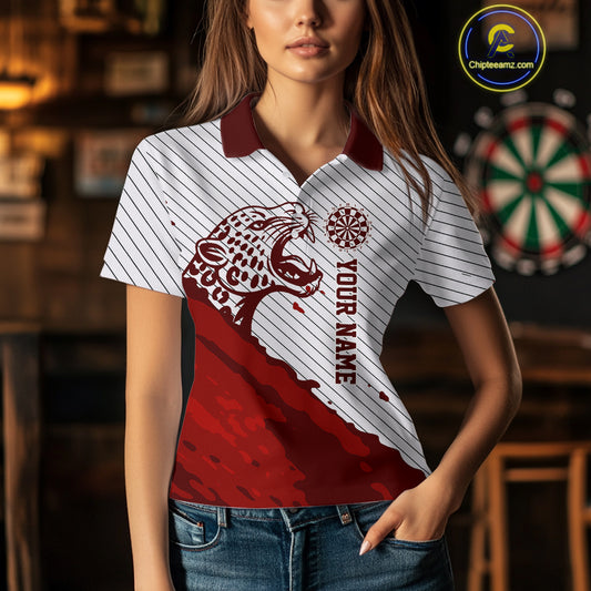 Personalized White And Red Striped Leopard Darts Polo Shirts For Women Dart Team Jerseys NYN2197