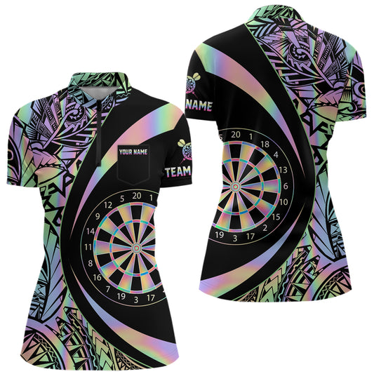 Black & Holographic Rainbow Tribal Dartboard Darts Quarter-Zip Shirt For Women Custom Dart Team Jerseys NYN2522