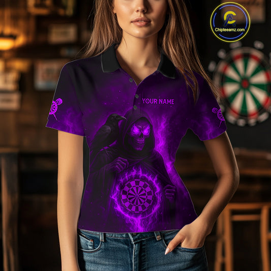 Custom Purple Flames Raven Grim Reaper Dartboard Dart Polo Shirt For Women Dart Outfit Jersey NYN1453