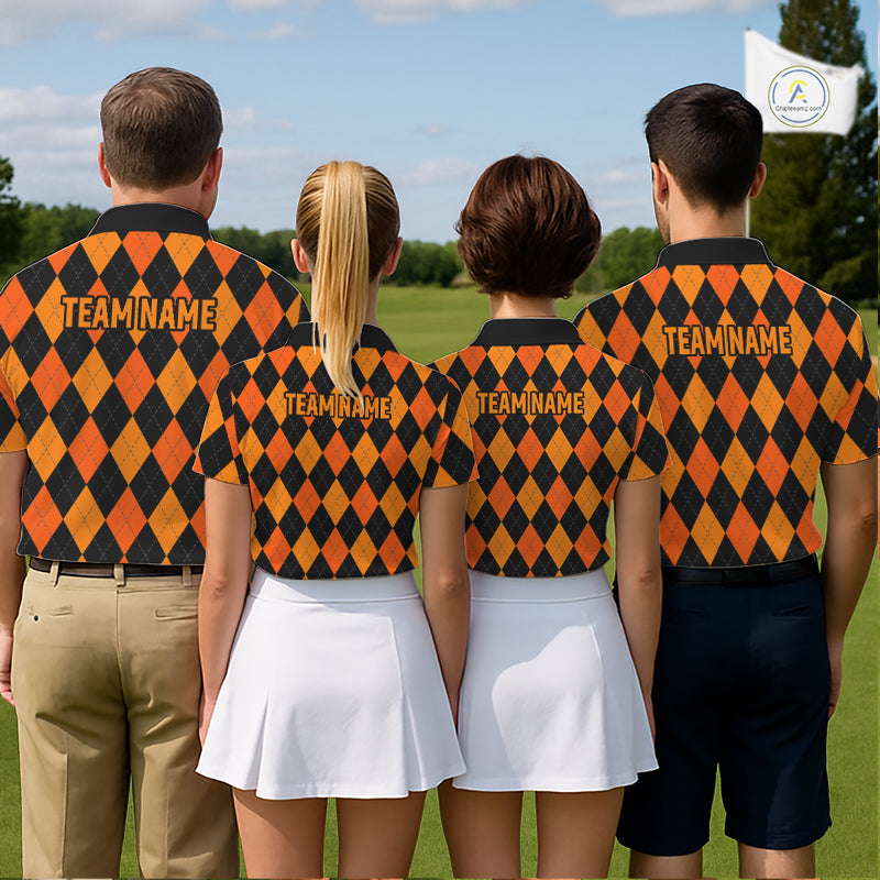 Funny Mens Golf Polo Shirts Custom Orange And Black Argyle Plaid Turkey Skull Golf Attire For Men NYN4919