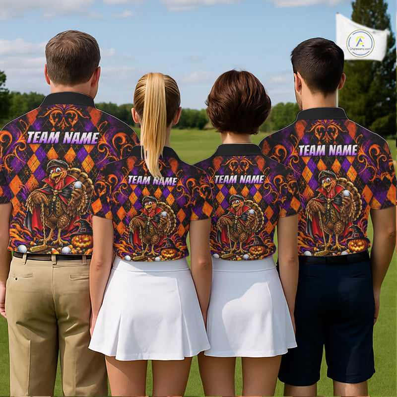 Custom Orange Purple Argyle Turkey Golf Polo Shirt For Men Funny Thanksgiving Golf Team Jersey NYN4934