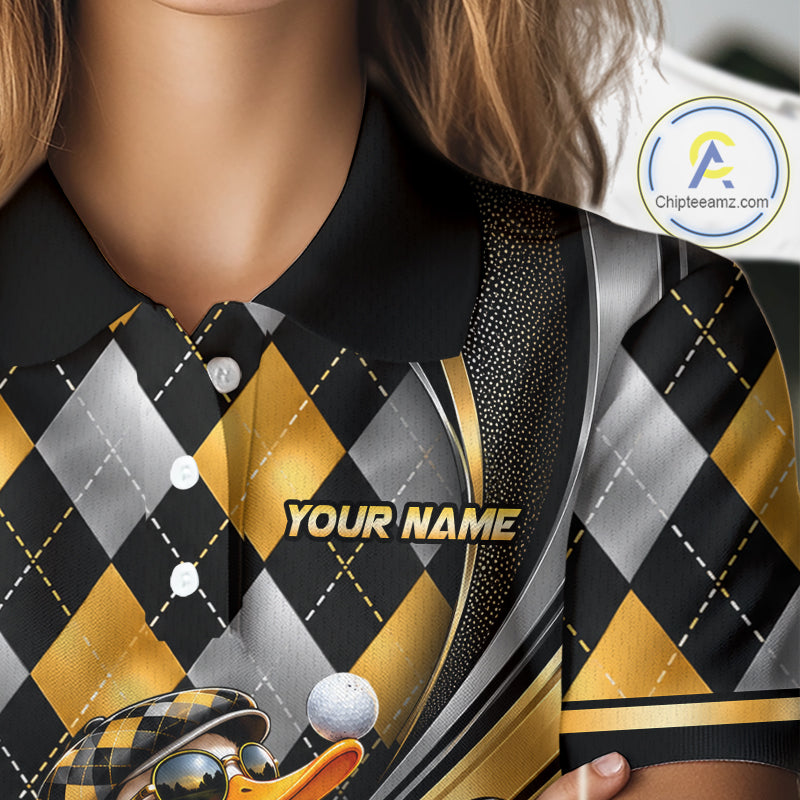 Cool Duck Golfer Jersey Custom Black Gold Argyle Golf Polo Shirt Funny Golf Apparel For Women NYN4938