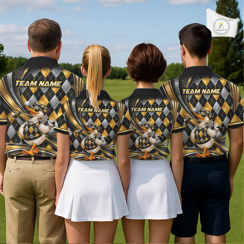 Cool Duck Golfer Jersey Custom Black Gold Argyle Golf Polo Shirt Funny Golf Apparel For Men NYN4938