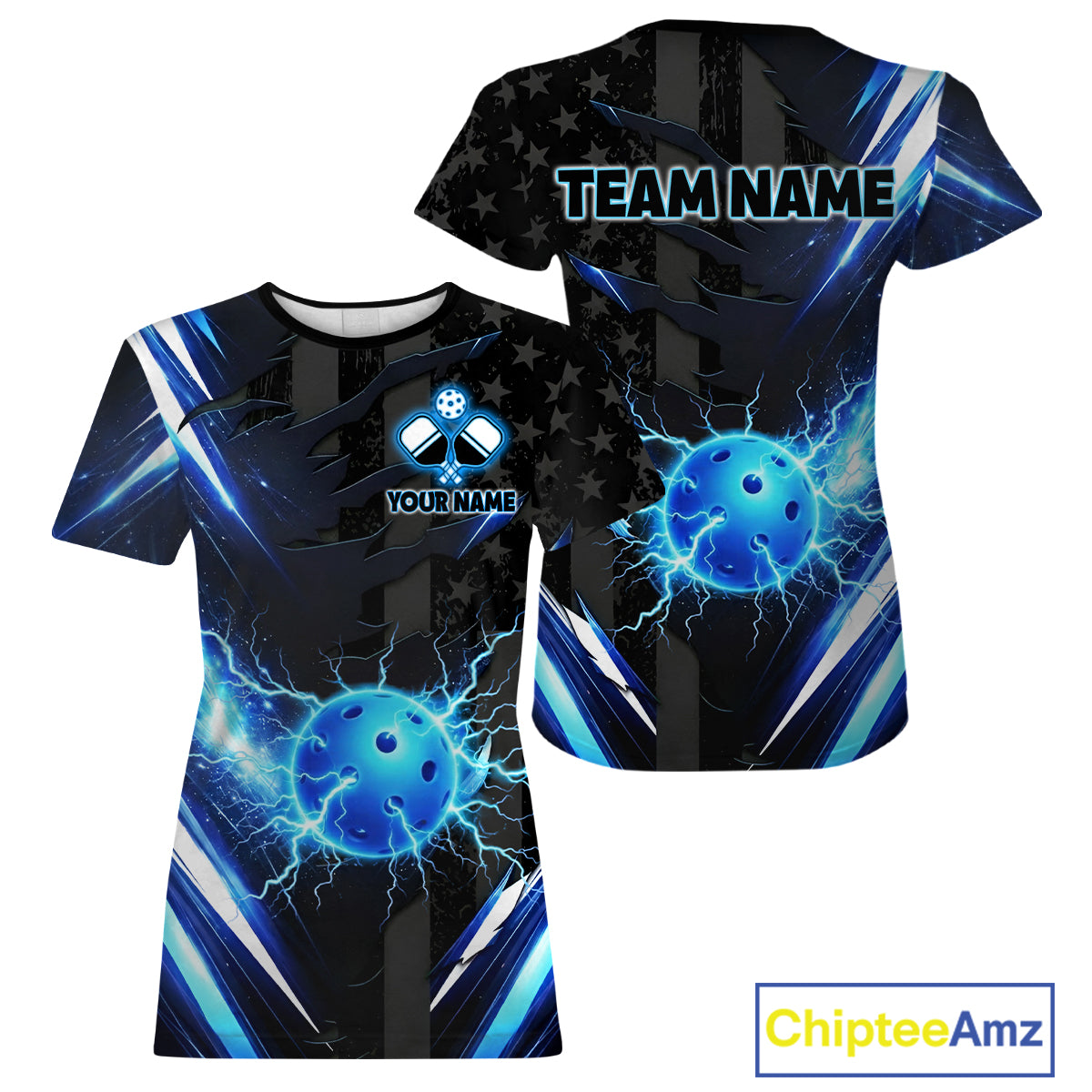 Custom Lightning Blue Patriotic Pickleball Shirts For Women, US Flag Pickleball Team Outfit NYN3109