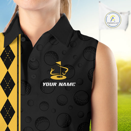 Yellow Argyle Golf Sleeveless Polo Shirt Custom Name Golf Shirt For Women Golf Ball Argyle Golf Team Shirts NYN4164