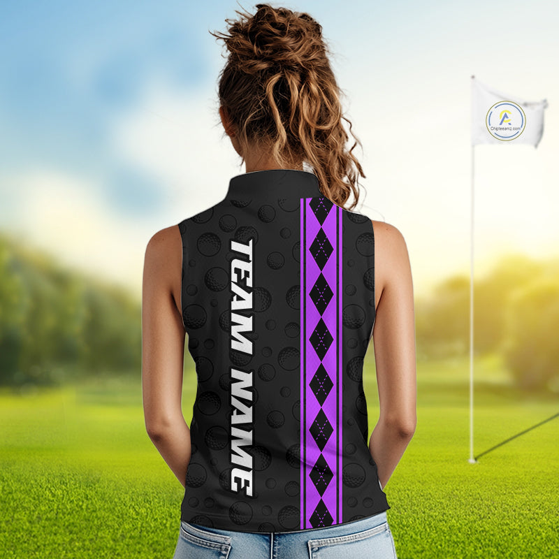 Purple Argyle Golf Sleeveless Polo Shirt Custom Name Golf Shirt For Women Golf Ball Argyle Golf Team Shirts NYN4165