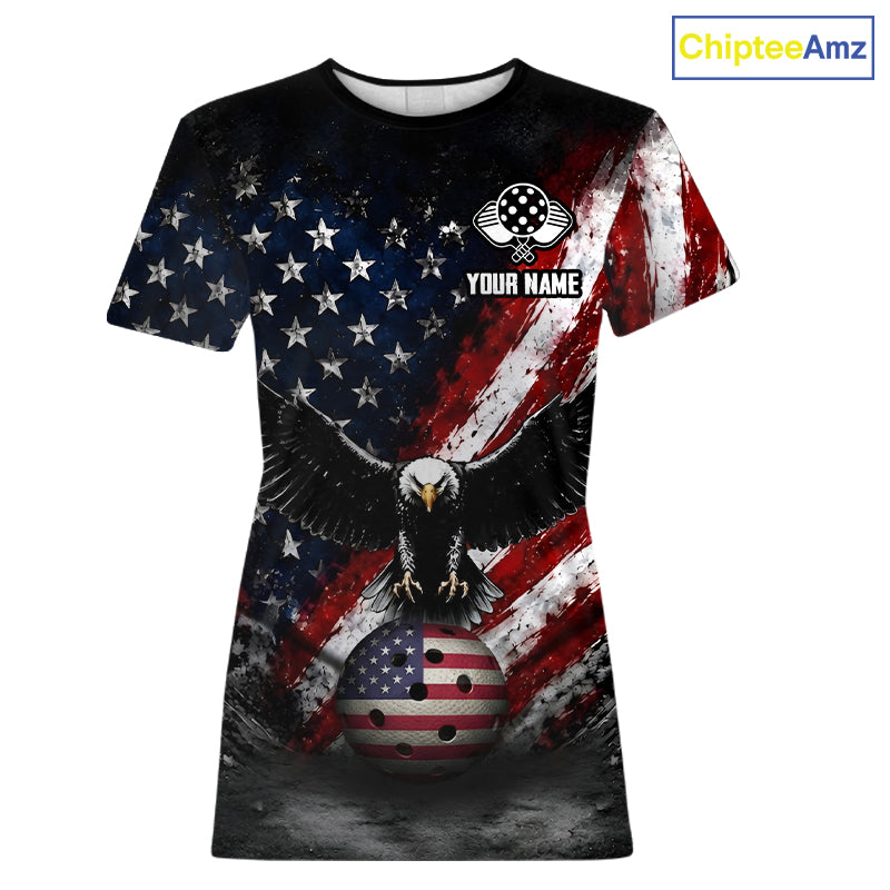 Vintage American Flag Eagle Women's Pickleball T-Shirt, Personalized Patriotic Pickleball Shirt, Eagle Sports Apparel, USA Tournament Tee