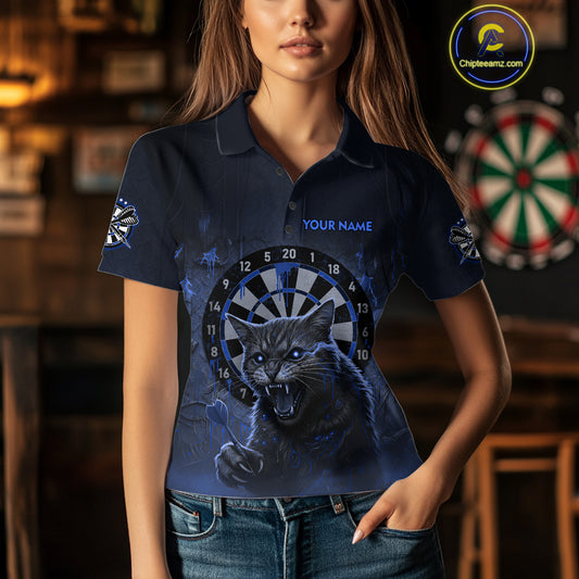 Funny Cat Blue Dripping Dartboard Custom Women Polo Darts Shirt Outfits Darts Jersey NYN1803