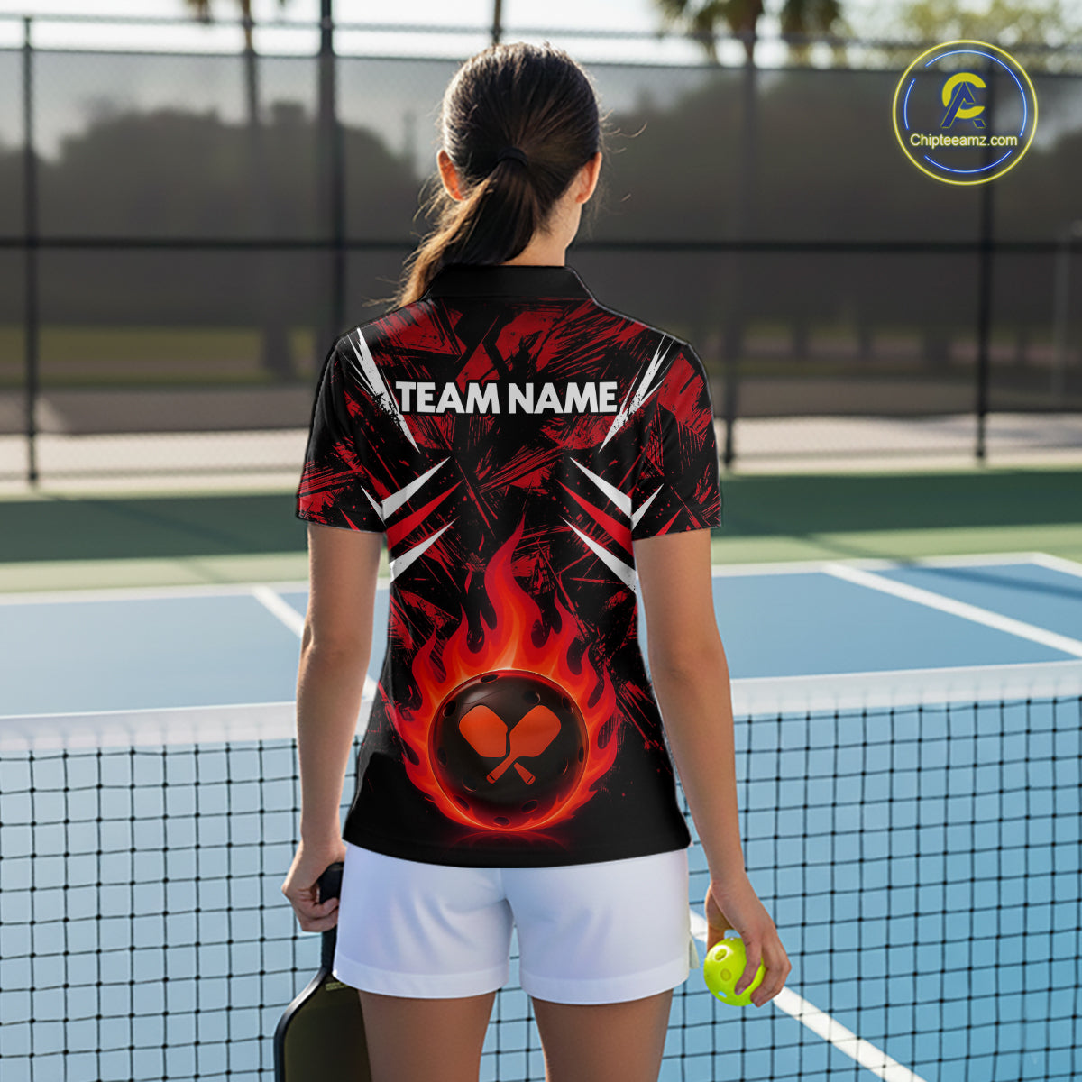 Custom Red Grunge Fire Flame Pickleball Ball & Paddle T-Shirt For Women Outfits Pickleball Jersey NYN2576