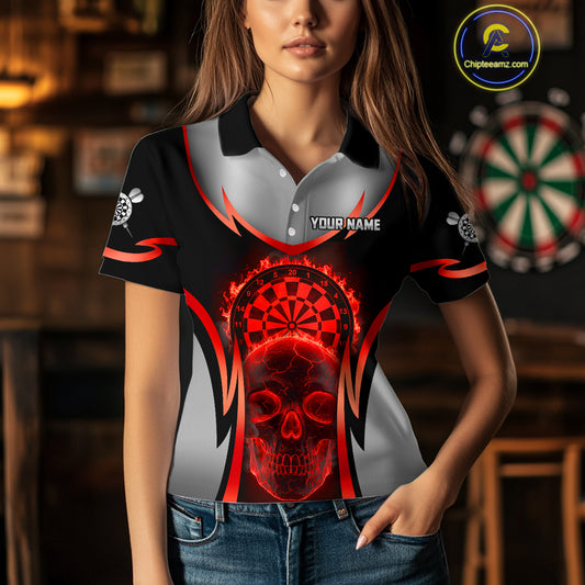 Silver Red Flaming Skull Dartboard Women Darts Polo Shirt Custom Team Dart League Jerseys NYN2071