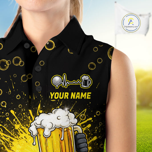 Women Golf Beer Sleeveless Polo Shirt Funny Golf Ball With Beer Glass Custom Team Name Golf Team Jersey NYN4687