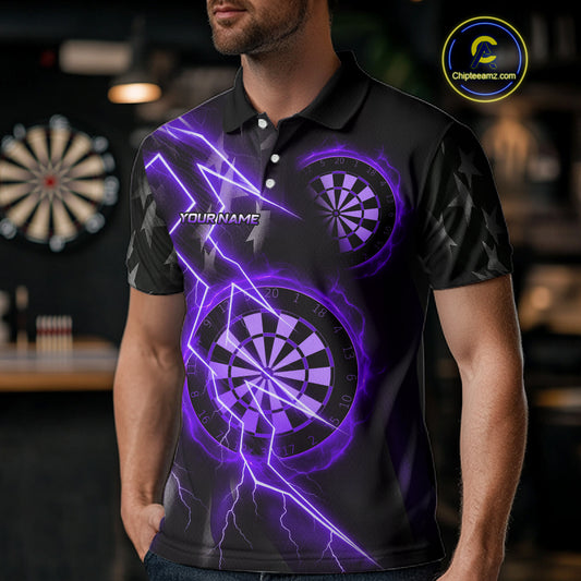 Custom Lightning Purple And Black Darts Polo Shirt For Men Darts Tournament Jerseys NYN0951