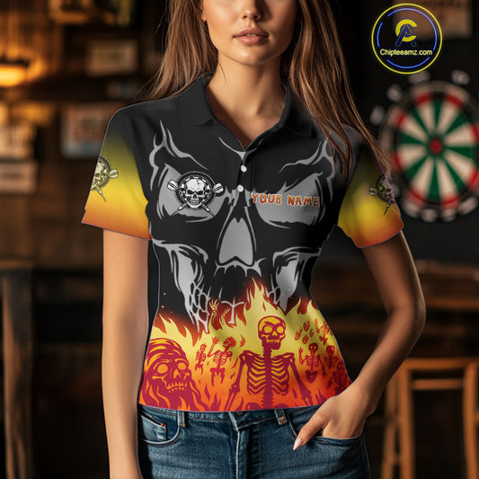Red Flaming Skull Dartboard Custom Polo Shirt For Women - Darts Team Jersey NYN0715