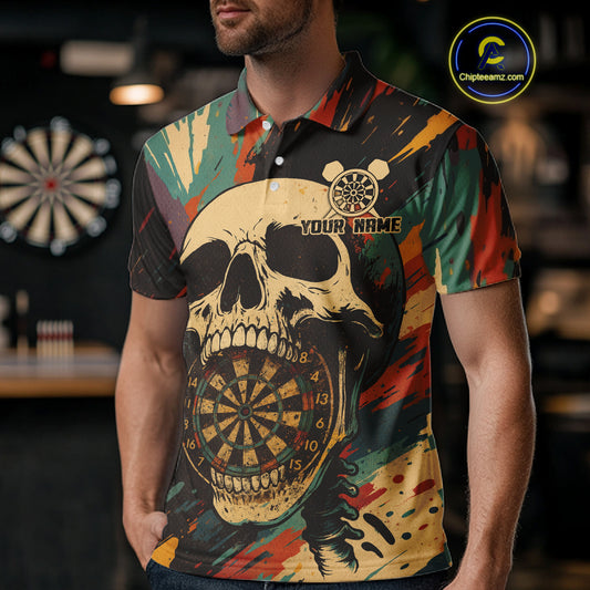 Custom Colorful Skull Grunge Polo Dart Jerseys For Men Skull Dartboard Outfits Dart Shirts NYN1325
