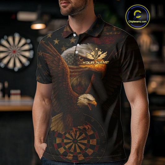 Custom Eagle Grunge Dartboard Polo Dart Shirt For Men US Flag Patriotic Dart Jersey NYN1332