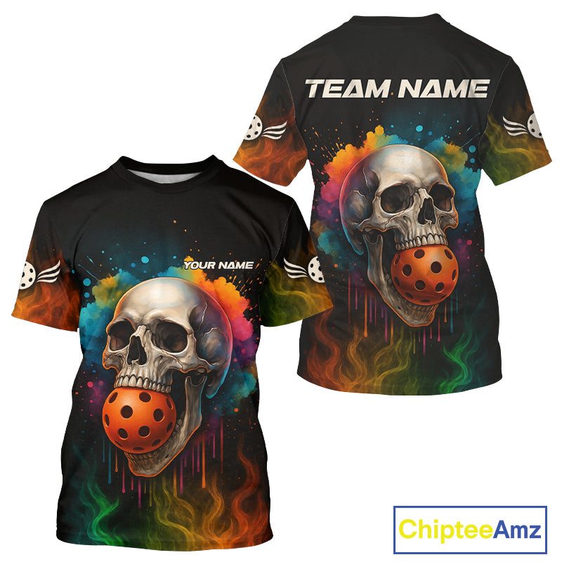 Custom Smoke Colorful Skull Pickleball Ball T-Shirt For Men Skull Pickleball Jerseys NYN1339