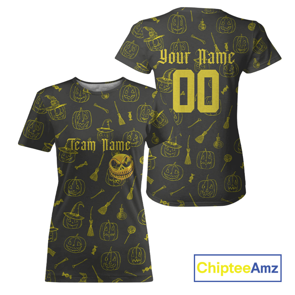 Custom Yellow Pumpkin Halloween Baseball T-Shirt For Women Funny Halloween Baseball Shirt NYN1008