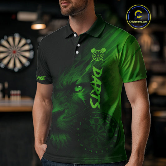Custom Black-Green Horror Lion Dartboard Dart Polo Shirt For Men Grunge Dart Jerseys NYN1412