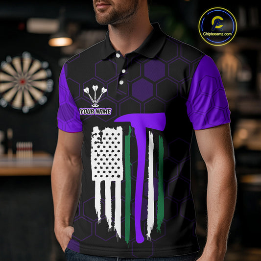 Purple Dripping Dartboard & US Flag Men's Darts Polo Shirt - Custom Name For Dart Players NYN0801