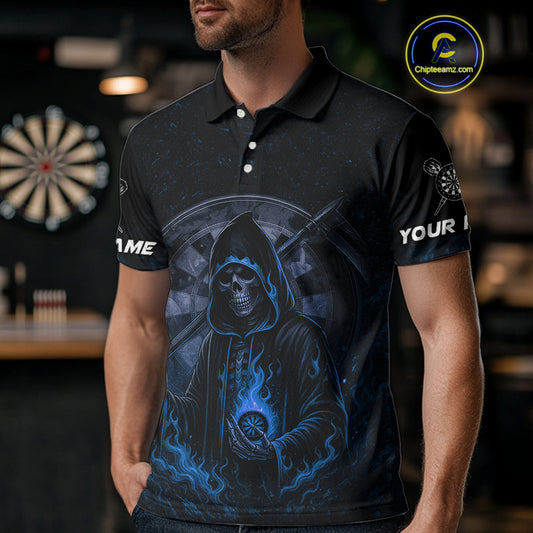 Custom Blue Skull Dartboard Grunge Polo Darts Jerseys For Women, Darts Team Shirt Uniform NYN0870