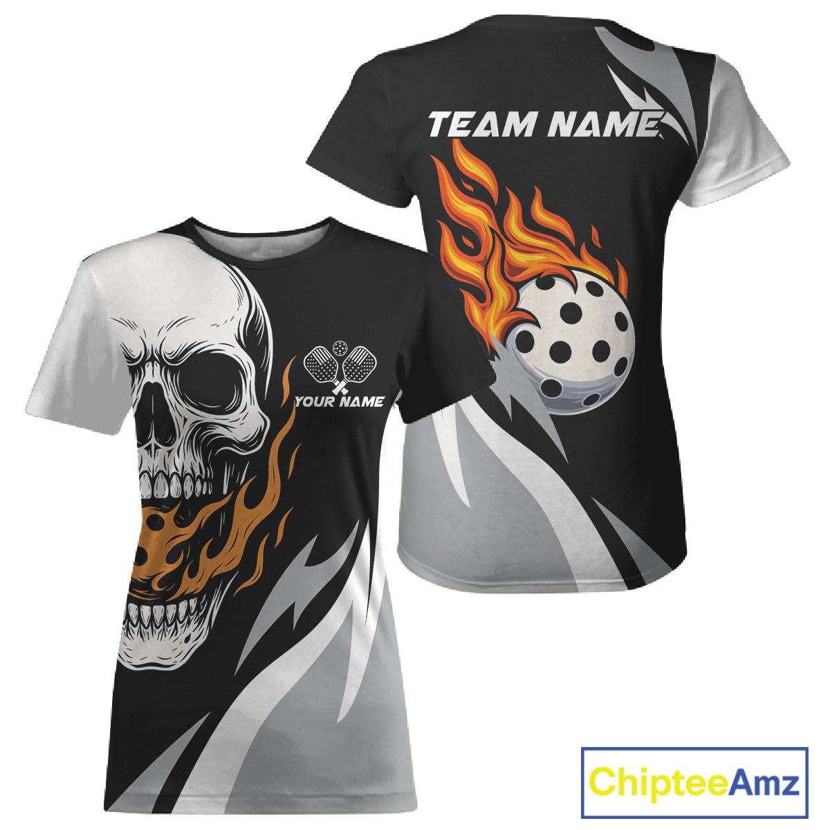 Custom Black & Orange Flame Pickleball Ball T-Shirts For Women, Halloween Skull Pickleball NYN1267