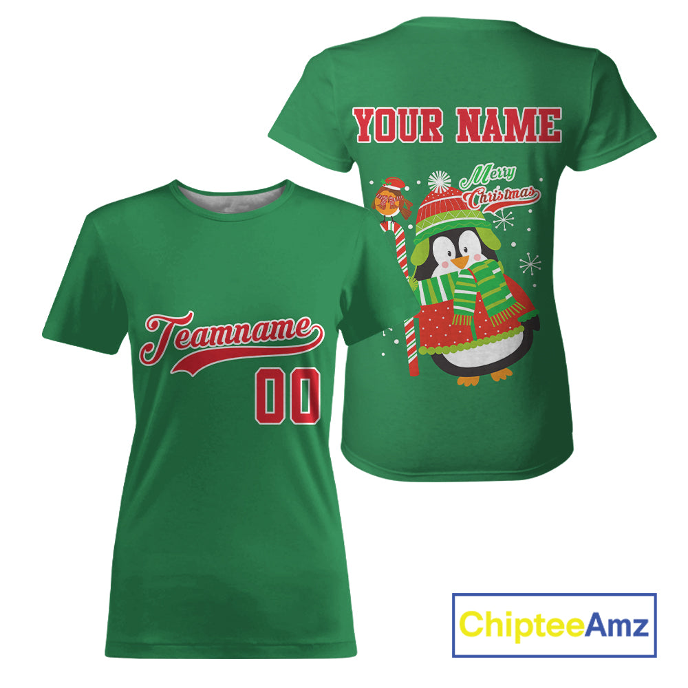Custom Green Penguin Christmas Women's Baseball T-Shirt Baseball Gifts For Xmas Holiday NYN1302