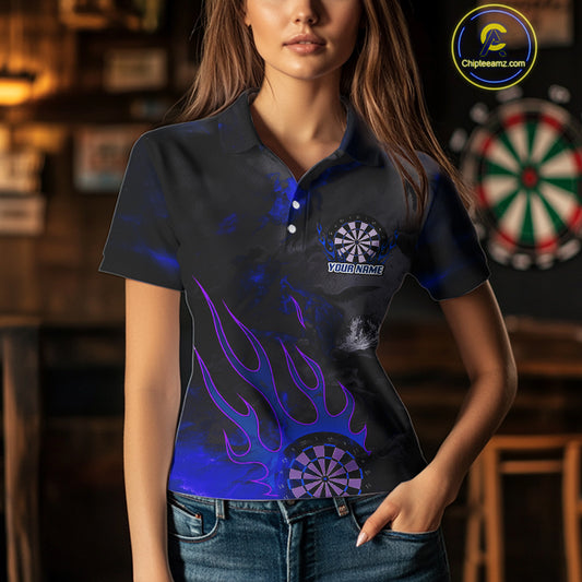 Flaming Dartboard Grunge Custom Blue Dart Polo Shirts For Women, Dart Team Jerseys NYN0795