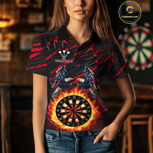 Flaming Darts & US Flag Eagle Women's Red Darts Polo Shirt - Custom Name For Dart Players NYN0802